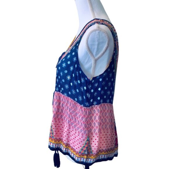 PATRONS OF PEACE PAISLEY PATCHWORK SHORT SLEEVE TUNIC TANK WITH TUSSLES - Picture 2 of 9